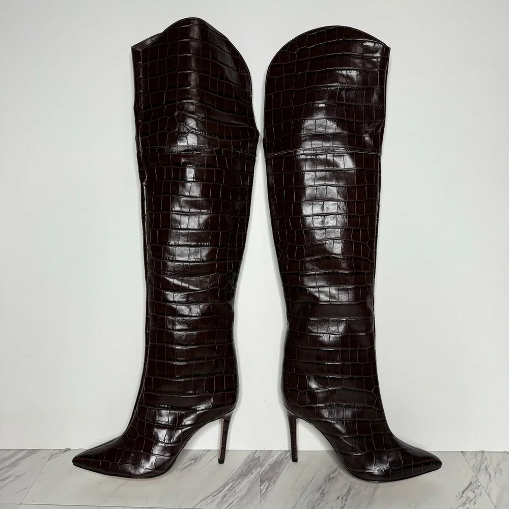 Schutz Maryana Brown Crocodile Over The Knee Boot 5 1/2 B